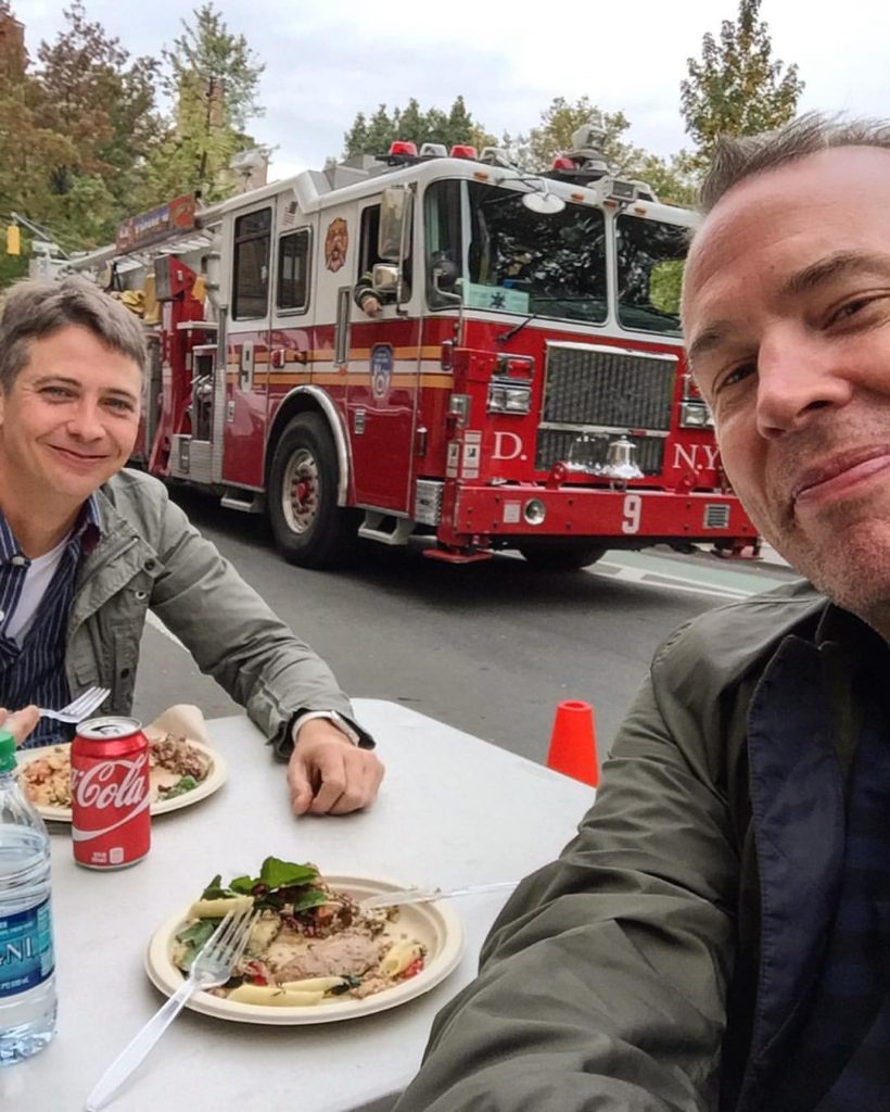Lunch in the road, in November, in NYC with a fire truck...